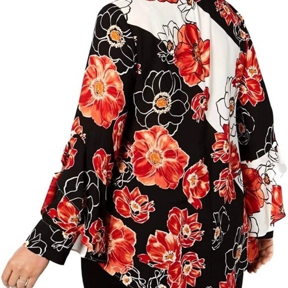 Alfani Black Red Floral Print Blouse Women’s 3X Long Sleeve Split Cuff Top - Picture 2 of 12
